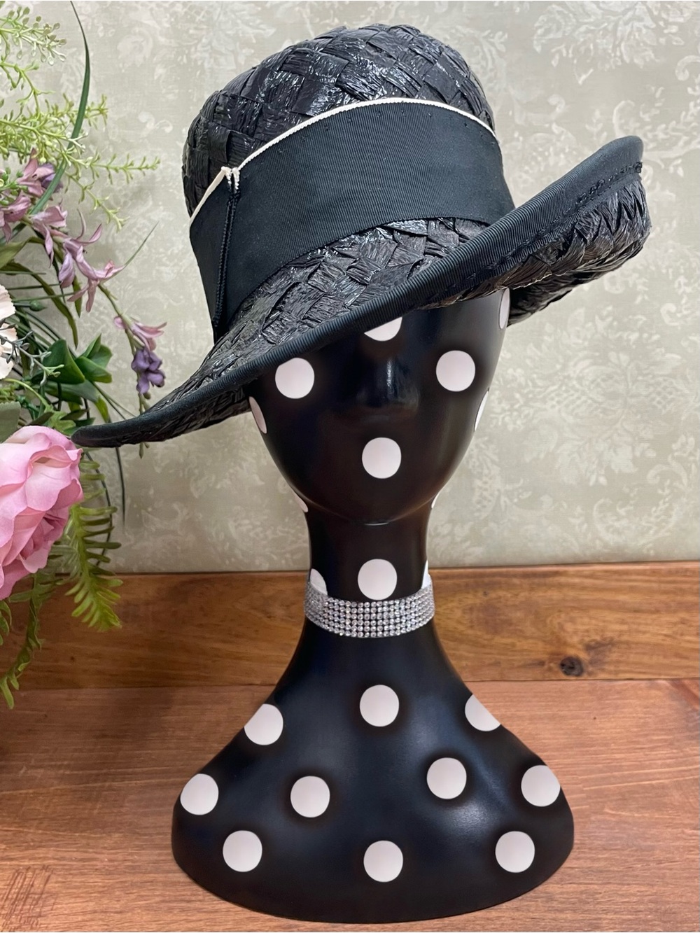 Vintage 1960s Black Cello Straw Basket Weave Rolled Brim Hat Mod Mid Century - Picture 2 of 9